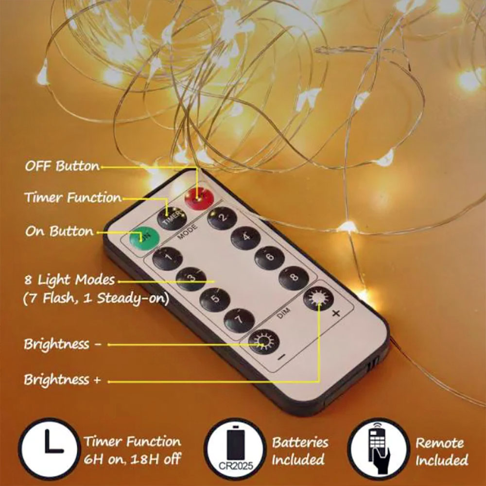 16.5 Ft Fairy Wire, 100 Warm White LEDs, Power Option: Waterproof AA Battery Pack with Remote - RA100