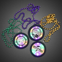 Customized Beaded Mardi Gras Flashing Medallions Gold Green Purple LEDs mardi gras, mardi gras necklaces, mardi gras throws, custom, custom medallions, customized, personalized, personalized necklace, LED necklace, lighted necklace, flashing necklace, light-up necklace, medallion necklace, rolling games, give away, redemption, fundraiser, custom, festival, bar, rave