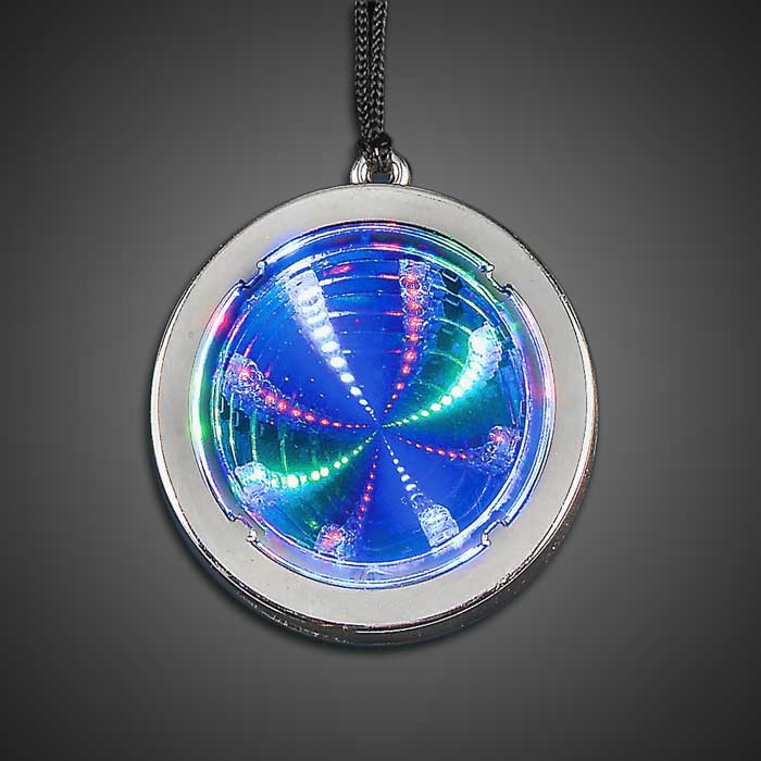 Flashing Silver Tunnel Necklace LED infinity necklace, lighted necklace, flashing necklace, light-up necklace, infinity, tunnel, medallion necklace, rolling games, give away, redemption, fundraiser, custom, festival, bar, rave