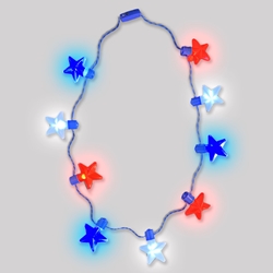 USA Star Necklace - 9 Bright LEDs in Stars Red White Blue LED star necklace, patriotic necklace, 4th of July necklace, LED jewelry, red white blue necklace, novelty necklace, light-up necklace, holiday jewelry, star necklace, kids LED necklace, ladies LED necklace, festive accessory, patriotic LED, Independence Day necklace, celebration jewelry, party necklace, vending necklace, LED star jewelry, one size fits all, glowing necklace