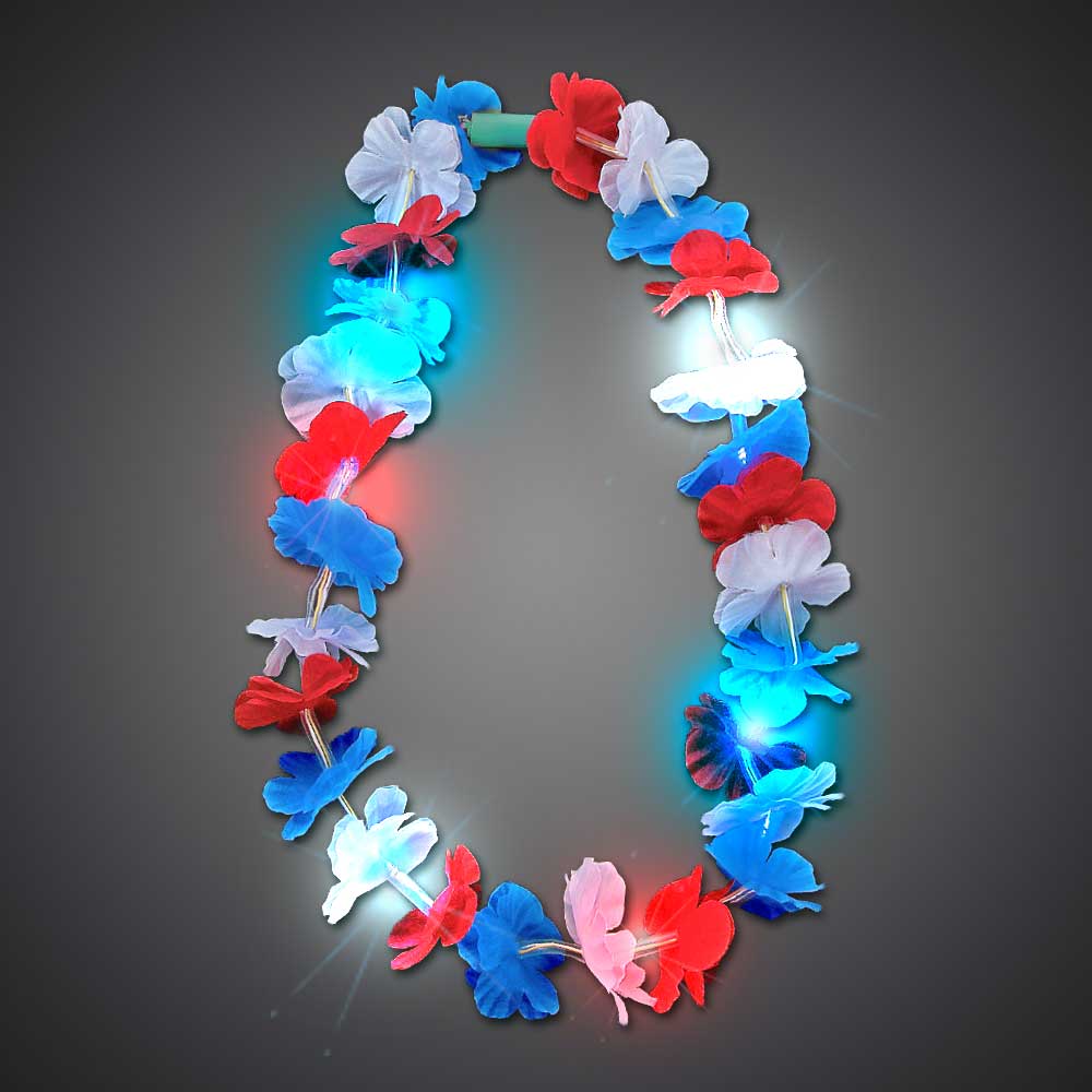 Flashing Red-White-Blue Flower Lei  Patriotic, July 4th, Hawaiian Lei, Flashing Lei, Lighted Lei, light-up lei, lighted necklace, flashing necklace, party necklace, light-up necklace, hawaii, luau, summer, july 4th, party, mitzvah, wedding